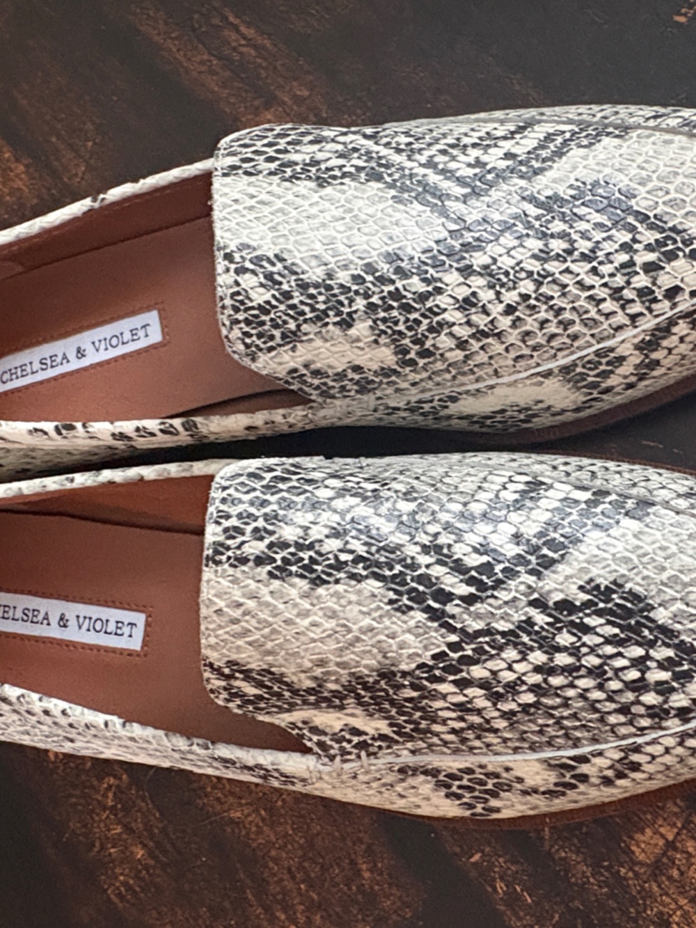 Chelsea & Violet Faux Snakeskin Loafers in White and Black